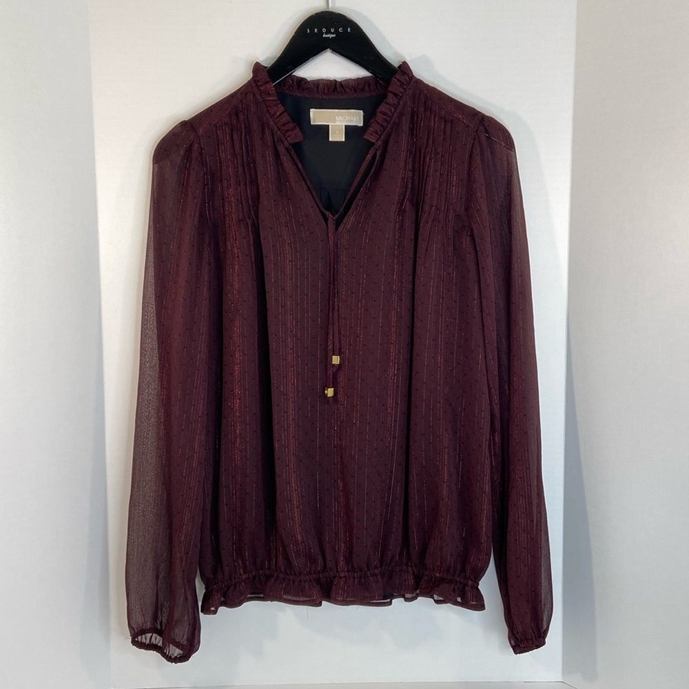 MICHAEL KORS Wine Black W/Dots Ruffle Neck  Gathered Below Waist Top Size-S